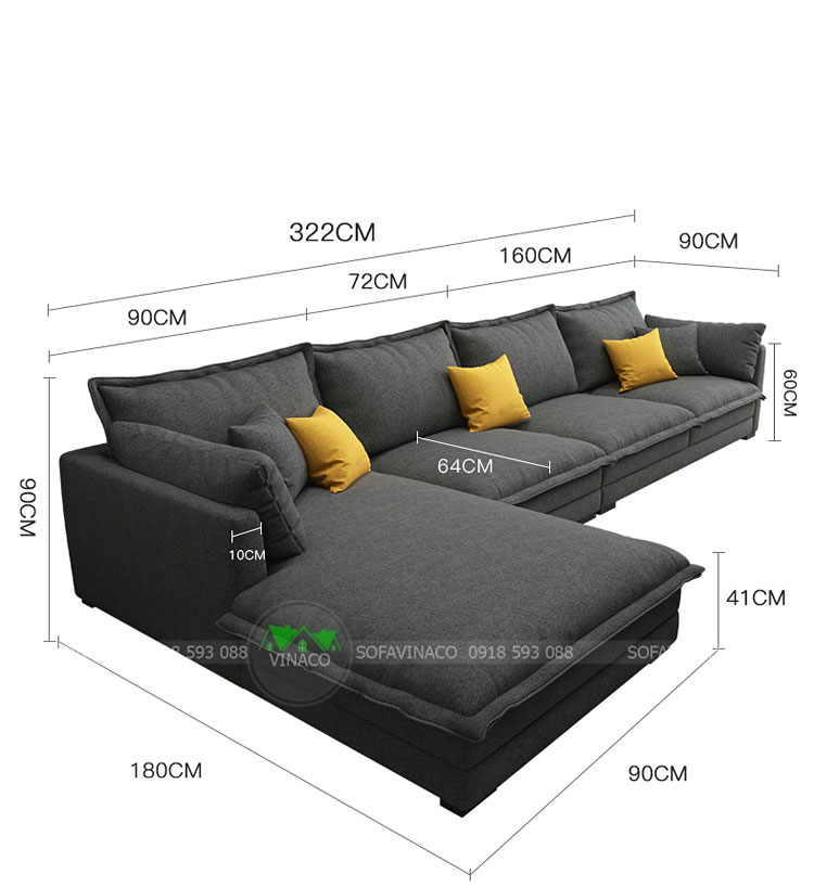 Kích thước chi tiết của bộ ghế sofa góc